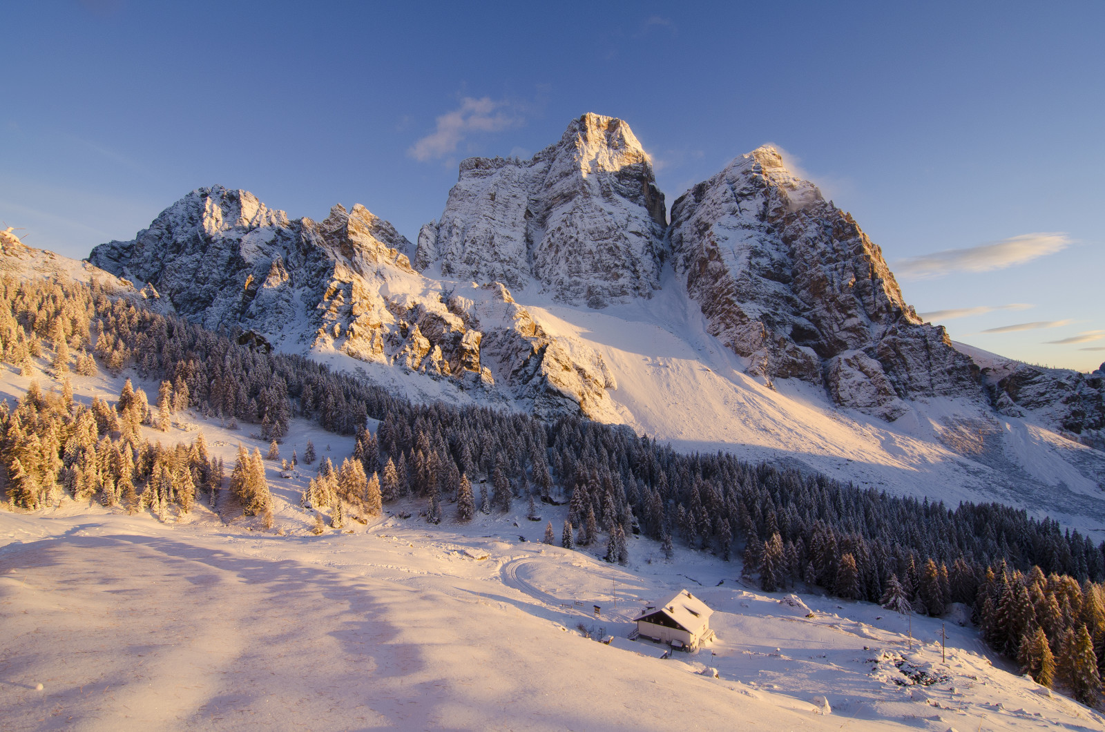 nature, house, winter, landscape, trees, mountains