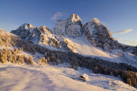 house, landscape, mountains, nature, trees, winter