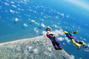 plajă, aparat foto, pliant camera, nori, cască, Paraşuta, mare, Skydivers