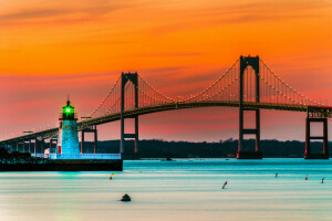 Puente, Faro, luces, Newport, Rhode Island, Estados Unidos