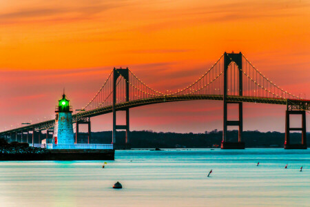 Köprü, deniz feneri, ışıklar, Newport, Rhode Island, Amerika Birleşik Devletleri