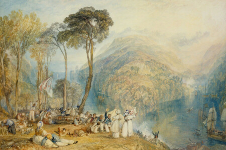 Bay Dartmouth, dombok, tájkép, emberek, kép, hajó, William Turner