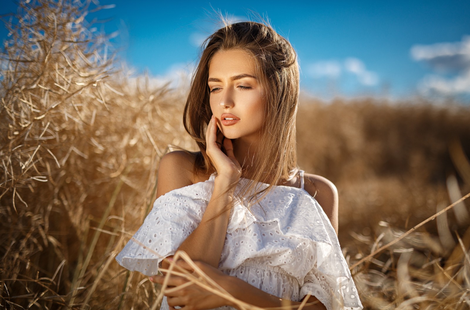 césped, naturaleza, bokeh, el cielo, retrato, BELLEZA, campo, maquillaje