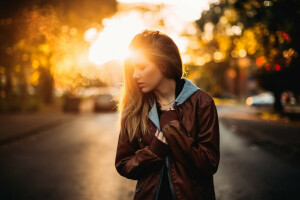 fille, veste, rue