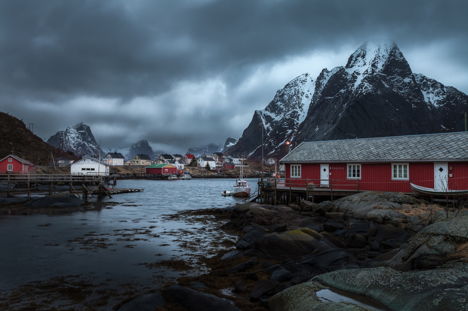 snow, clouds, mountains, Norway, home, boats, storm, village