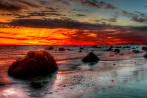 wolken, gloed, HDR, zee, kust, stenen, de lucht, tij