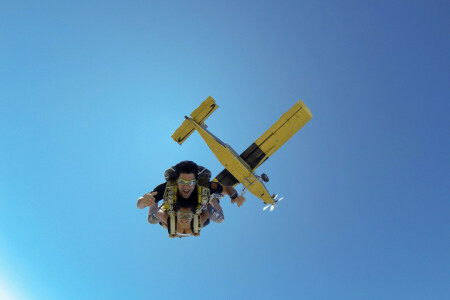 glasses, Parachute, parachuting, skydivers, smile, tandem, the plane, the sky