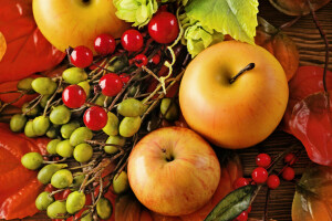 pommes, l'automne, baies, fruit, récolte, feuilles, Nature morte