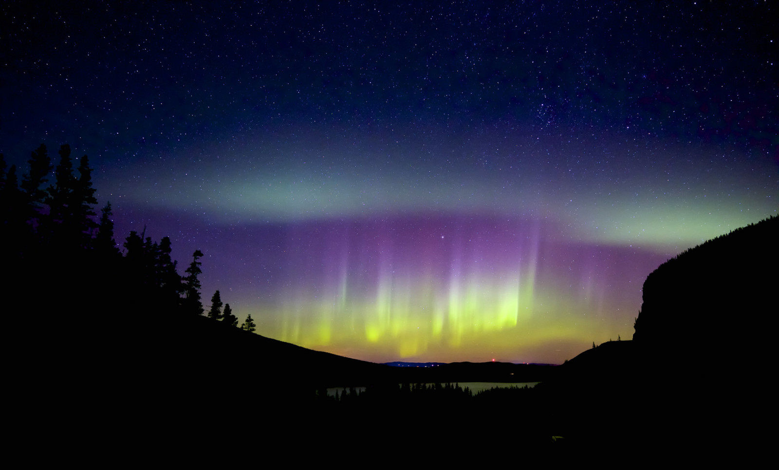 la nature, silhouettes, nuit, étoiles, Northern Lights