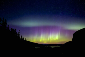 naturaleza, noche, Auroras boreales, siluetas, estrellas