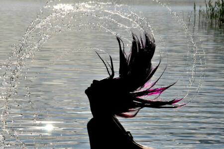 visage, fille, cheveux, profil, jet, l'eau, humide