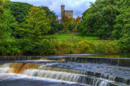 castle, England, forest, Hornby castle, Park, river, stream, thresholds