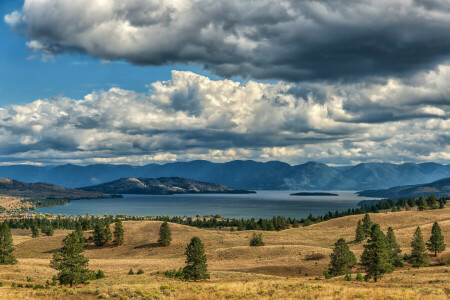 outono, nuvens, Relva, colinas, lago, montanhas, o céu, árvores