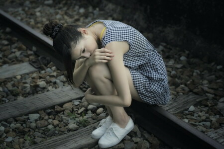 asian, girl, railroad