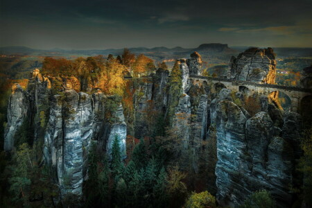 outono, Ponte, montanhas, natureza, panorama