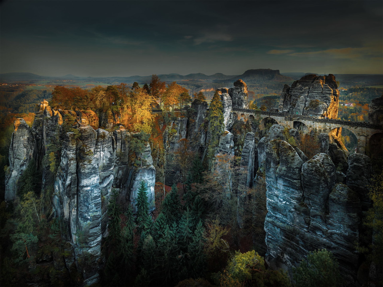 autunno, natura, montagne, ponte, panorama