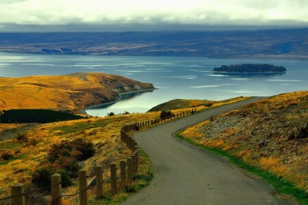 clouds, island, lake, road, the fence