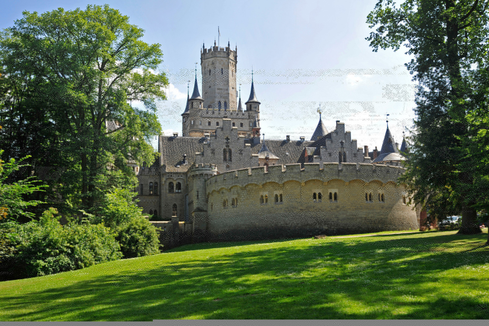 césped, pared, arboles, Alemania, torre, Castillo de marienburg, Hanovre