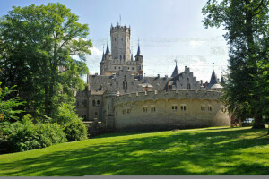 Duitsland, gras, Hannover, Kasteel Marienburg, toren, bomen, muur