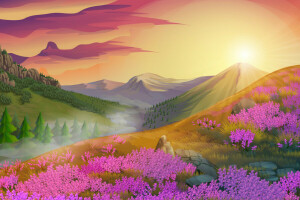 fleurs, paysage, montagnes, le soleil, des arbres