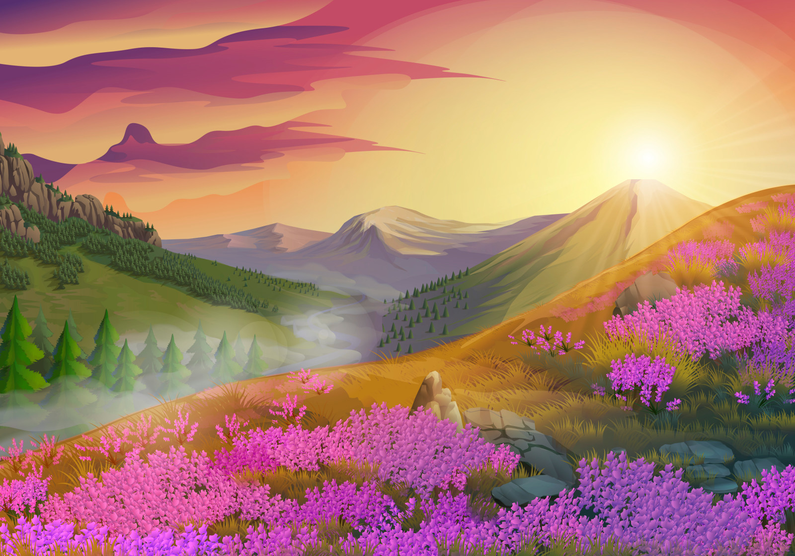 paysage, des arbres, fleurs, montagnes, le soleil