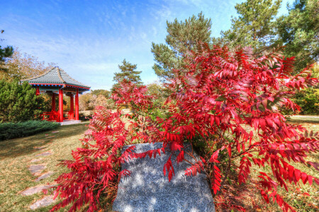 autumn, clouds, gazebo, leaves, stone, the sky, tree