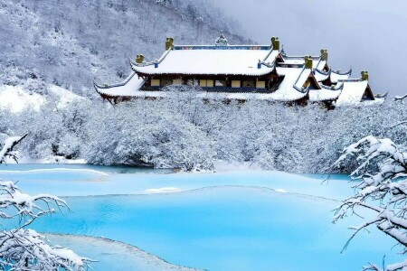 China, Huanglong, lake, mountains, Sichuan, snow, temple, winter