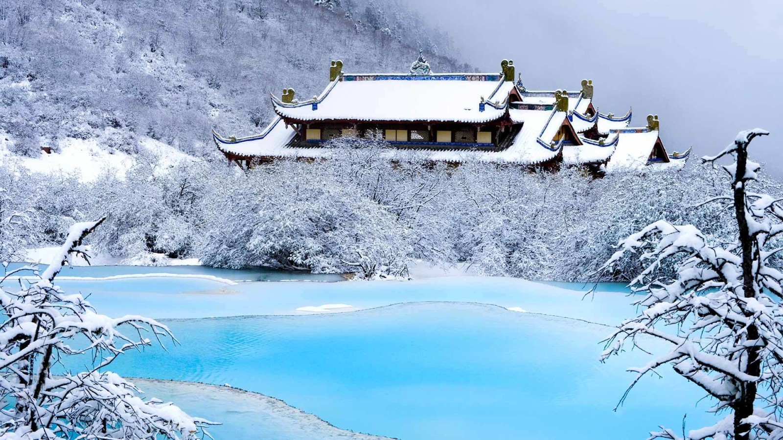 neve, lago, inverno, montagne, tempio, Cina, Sichuan, Huanglong