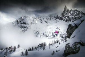 backpack, glasses, helmet, jump, mountains, pine, ski, skier