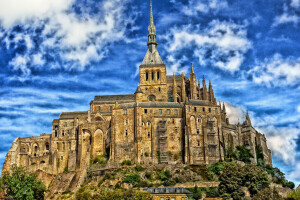 hrad, mraky, Francúzsko, Mont-Saint-Michel, normandie, obloha, veža, stromy