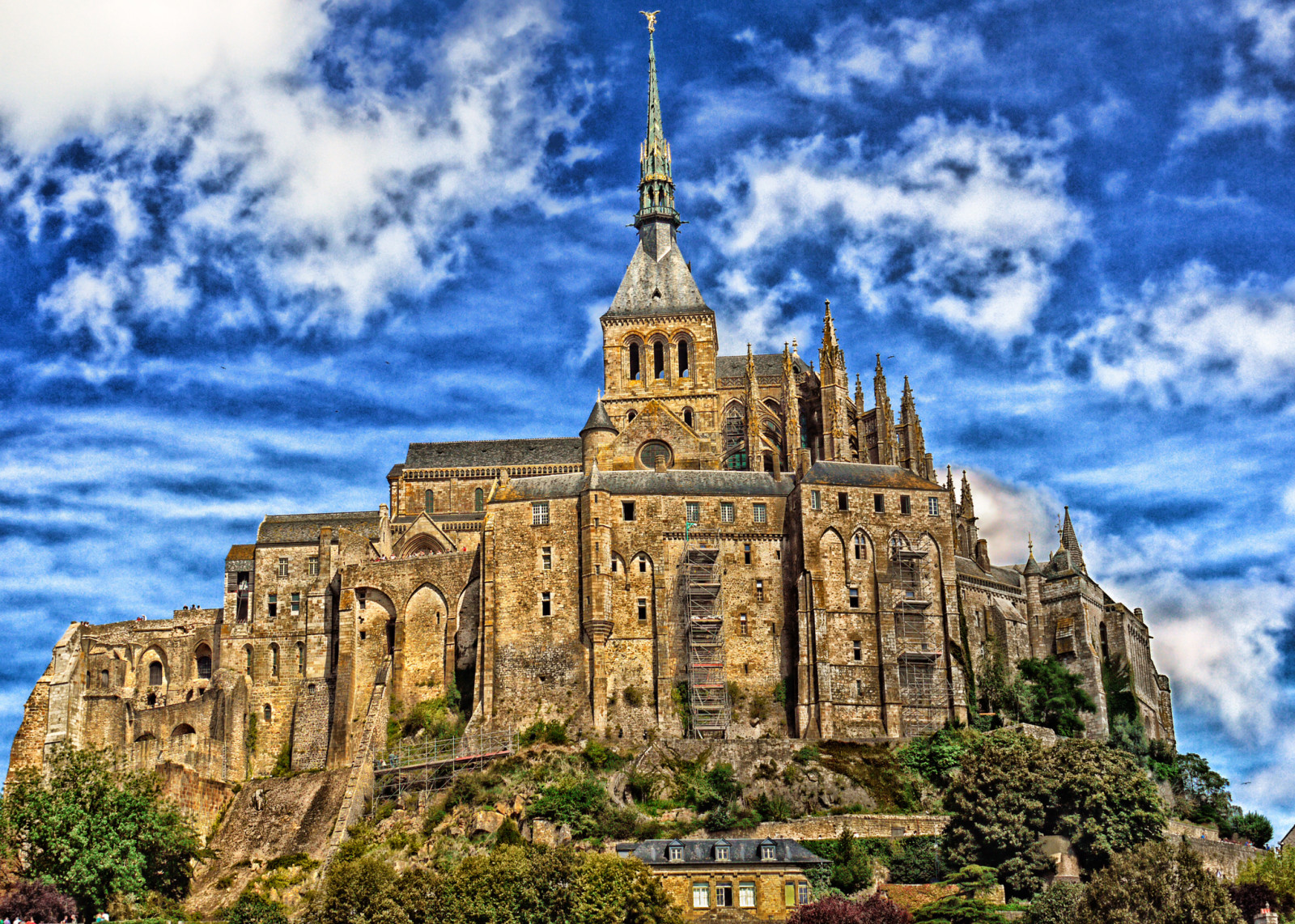 gökyüzü, ağaçlar, Fransa, bulutlar, kale, kule, Normandiya, Mont Saint Michel