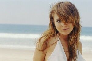 Actriz, playa, Lindsay Lohan, vestido blanco, mujer