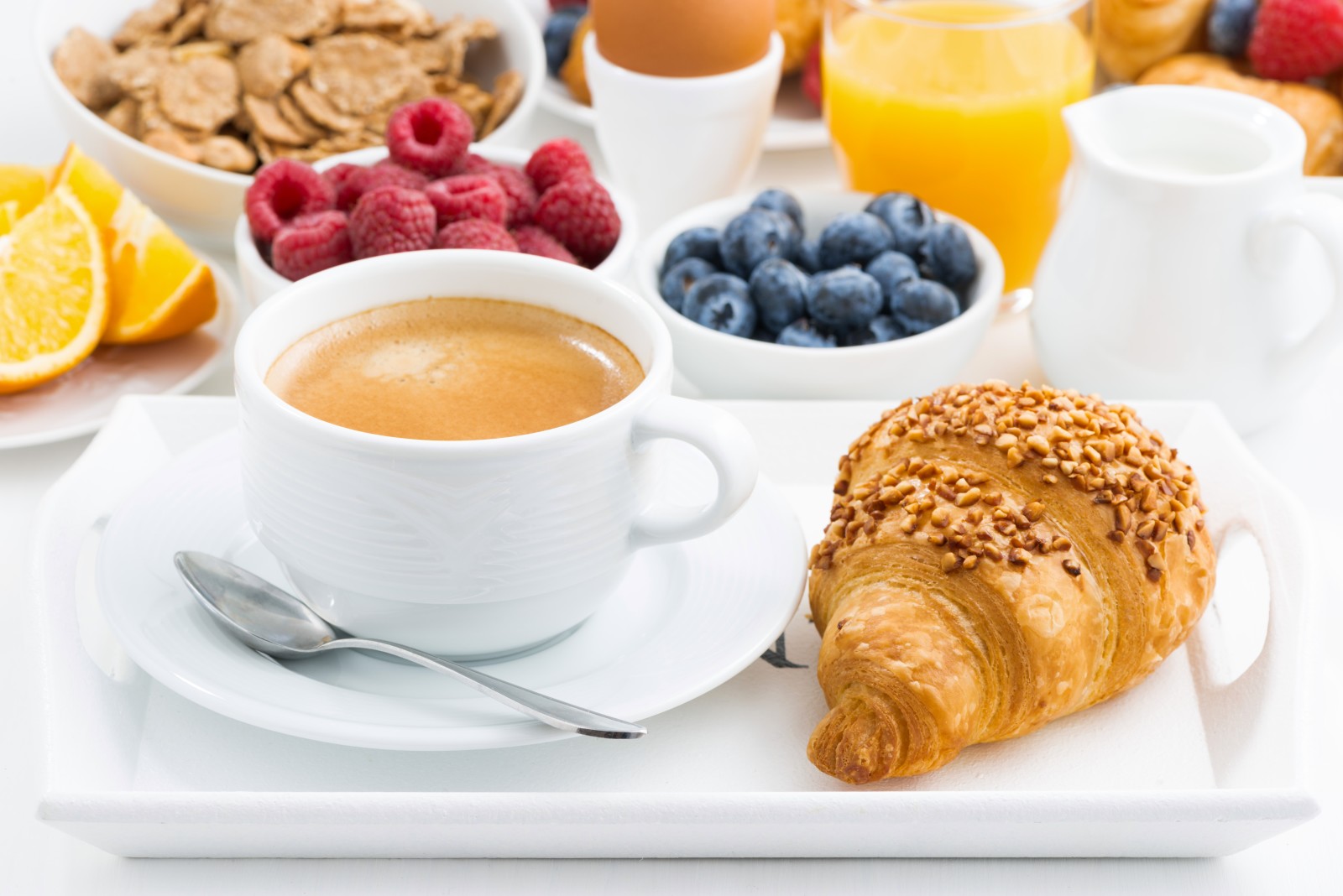 breakfast, berries, coffee, croissant, muesli, fresh berries