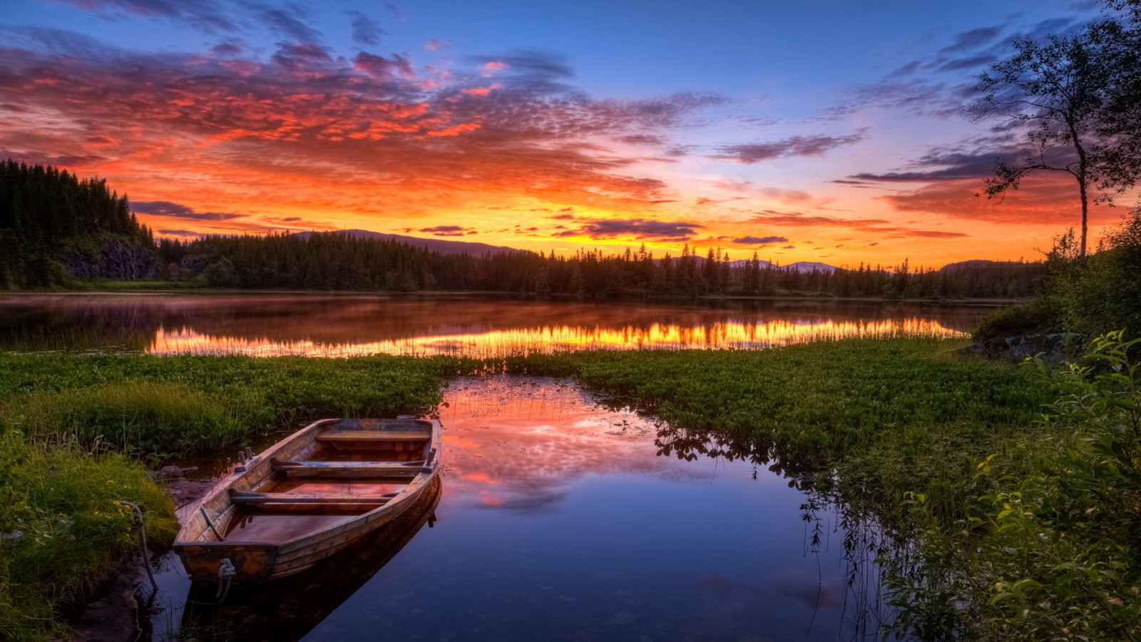 lake, sunset, boat