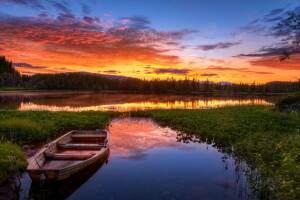 båt, innsjø, solnedgang